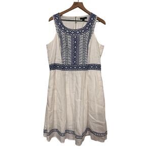 Lands End Womens White Blue Embroidered Fit and Flare Linen Dress Size 18